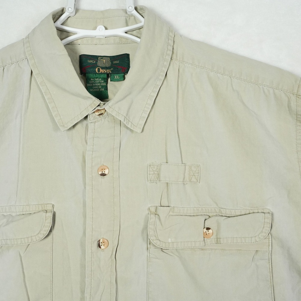 Vintage Orvis Mens XL Short Sleeve Fishing Shirt Tan Utility Button Down - READ